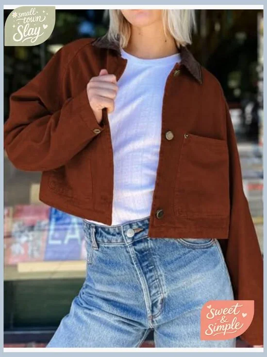 Women's Cropped Corduroy Collar Barn Jacket Button Down Long Sleeve - Picture 2 of 7